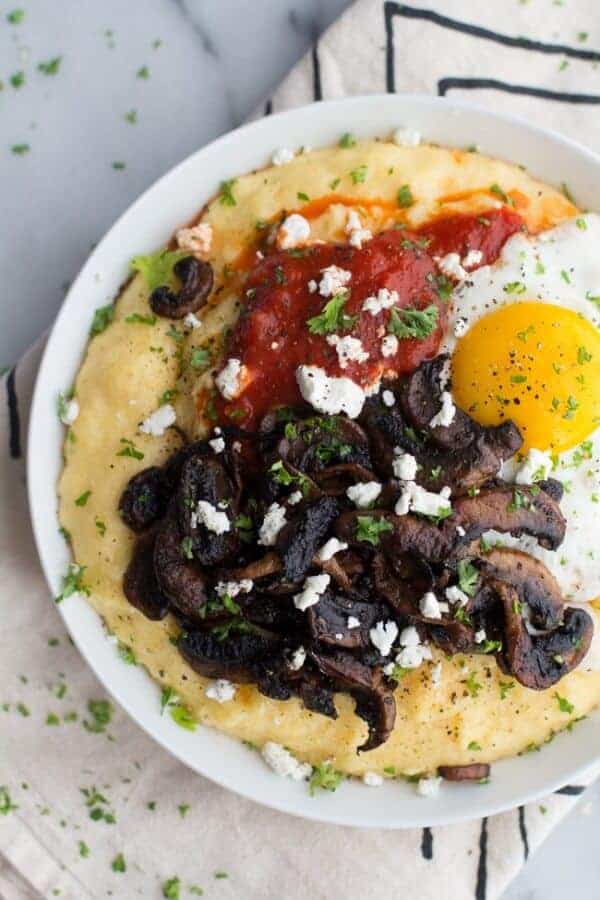 焦糖蘑菇玉米粥，海员沙拉+煎蛋和山羊奶酪|半烤harvest.com
