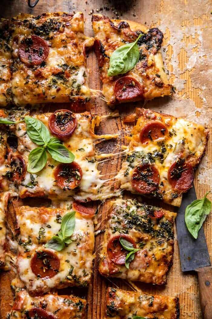 Easy Sheet Pan Tomato Herb Pizza | half - bakedharvest.com